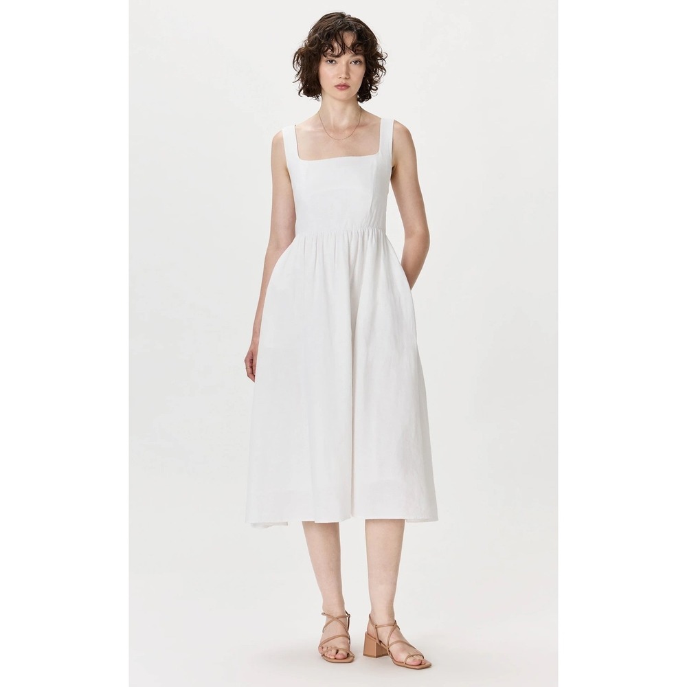 Quince European Linen Fit And Flare Midi Dress Women Small White Square Neck